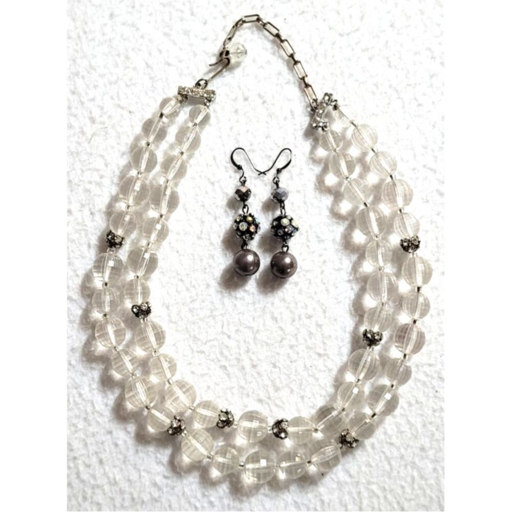 Vtg Clear Faceted Beaded 2 Strand 16-18" Necklace Hook Clasp Pierced Earrings